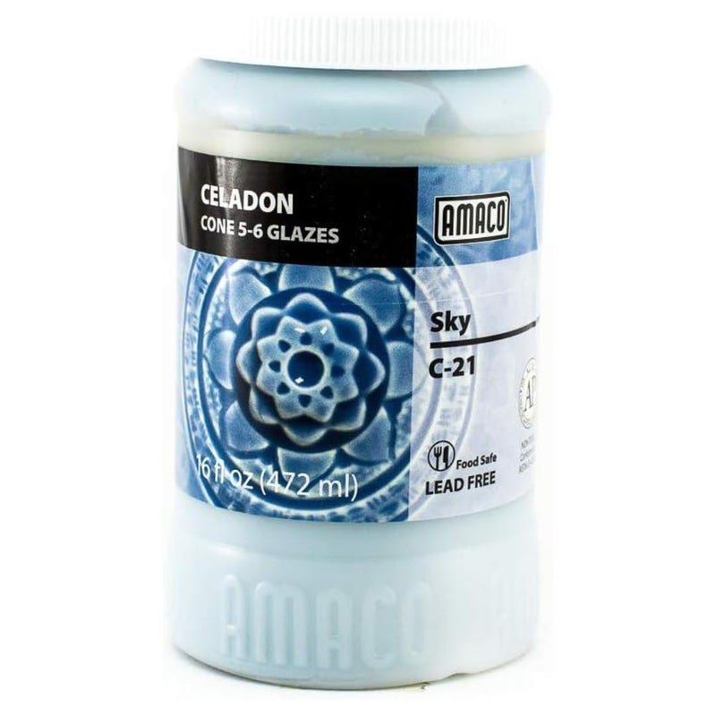 AMACO Celadon C-21 Sky Blue High Fire Transparent Gloss Glaze Pint, 16 oz. (473 mL), 100% Mixable Mid-High Fire Cone 5-6 (C) Liquid Ceramic Pottery Glaze for Bisque - Image 1